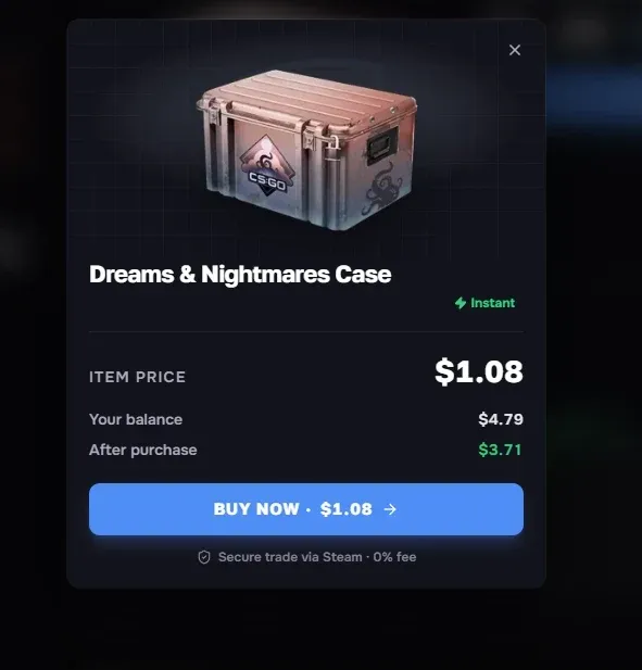 CSBoard buy dialog for a Dreams and Nightmares Case showing a price of $1.08 with Instant delivery and 0% fee label.