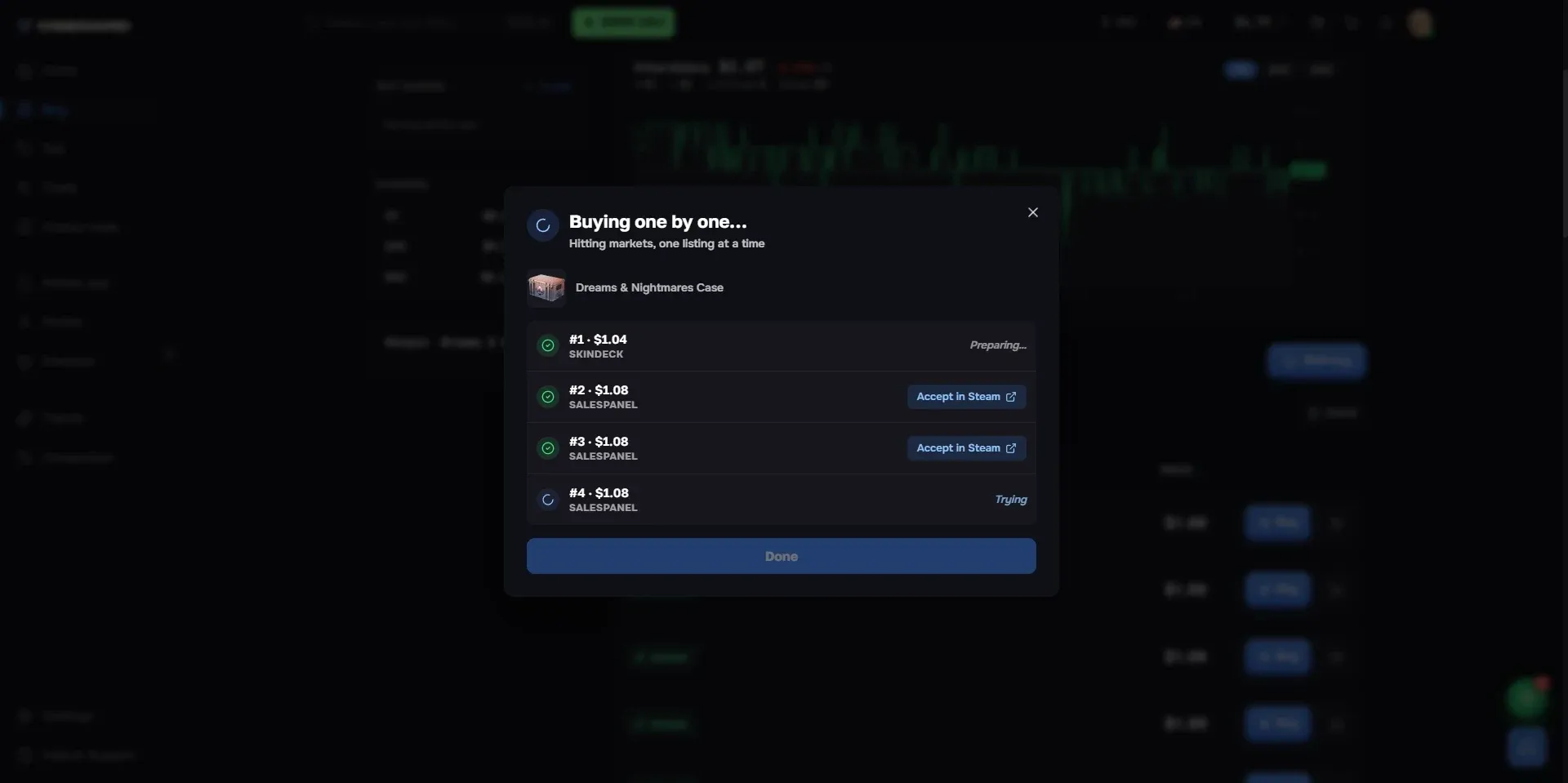 CSBoard bulk buy dialog buying four Dreams and Nightmares Cases one at a time, one from Skindeck and three from SalesPanel, with two ready to accept in Steam.