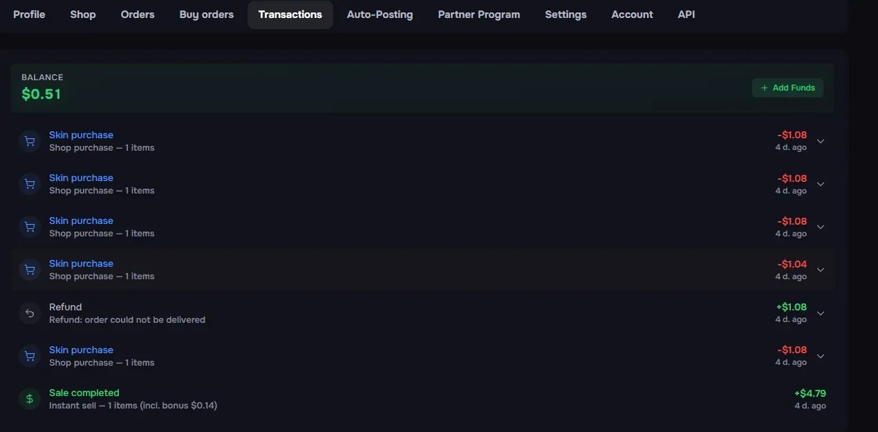 CSBoard Transactions tab showing skin purchases at $1.08 each, a refund for an undelivered order, and a completed sale of $4.79 including a $0.14 bonus.