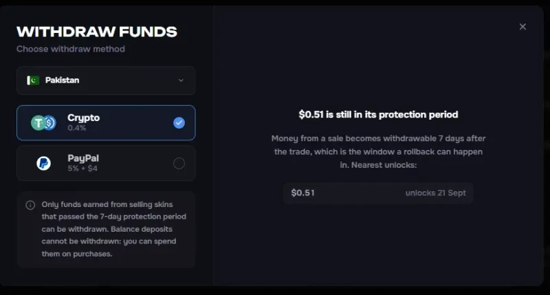 CSBoard Withdraw Funds dialog showing Pakistan as the country with Crypto at 0.4% and PayPal at 5% plus $4. A notice states the $0.51 balance is still in its 7-day protection period and unlocks on 21 September.
