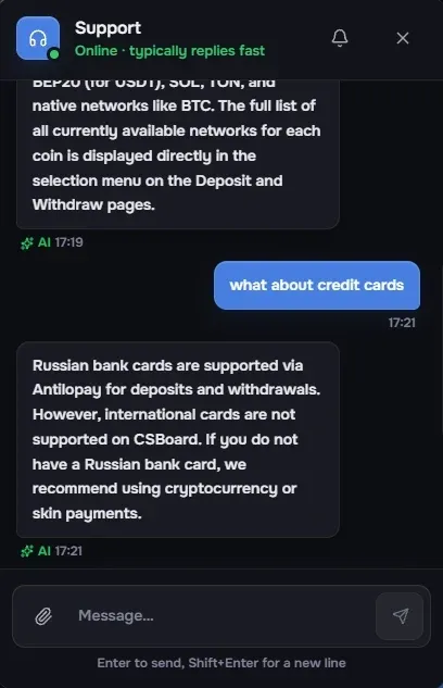 CSBoard support chat showing the AI response that Russian bank cards work via Antilopay but international credit cards are not currently supported.