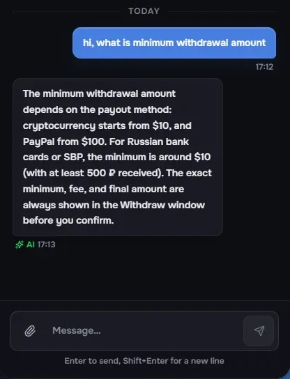 CSBoard support chat showing AI response stating the minimum withdrawal is $10 for crypto and $100 for PayPal, with Russian bank cards requiring at least 500 rubles received.