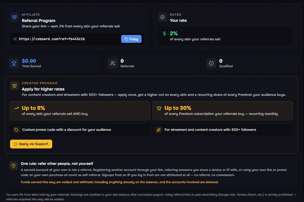 CSBoard referral and creator program page showing 2% rate for standard referrals, up to 5% for creator affiliates on skin trades, and up to 30% on Premium subscriptions sold.