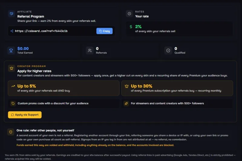 CSBoard referral and creator program page showing 2% rate for standard referrals, up to 5% for creator affiliates on skin trades, and up to 30% on Premium subscriptions sold.
