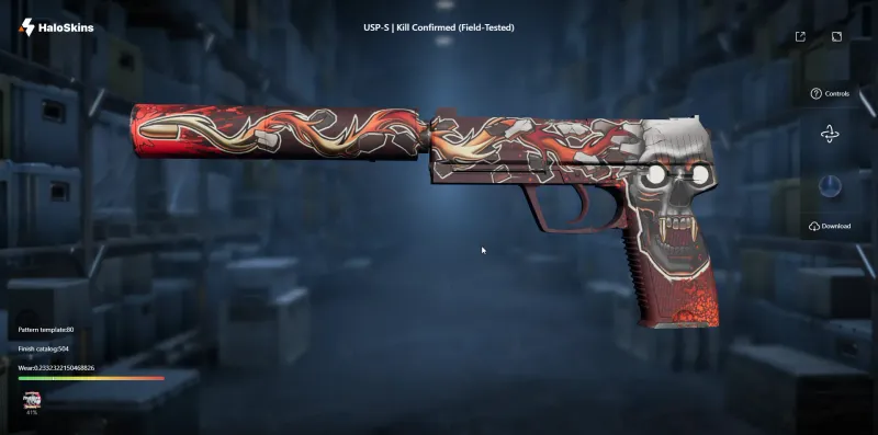 HaloSkins 3D inspect viewer showing a USP-S Kill Confirmed in detail