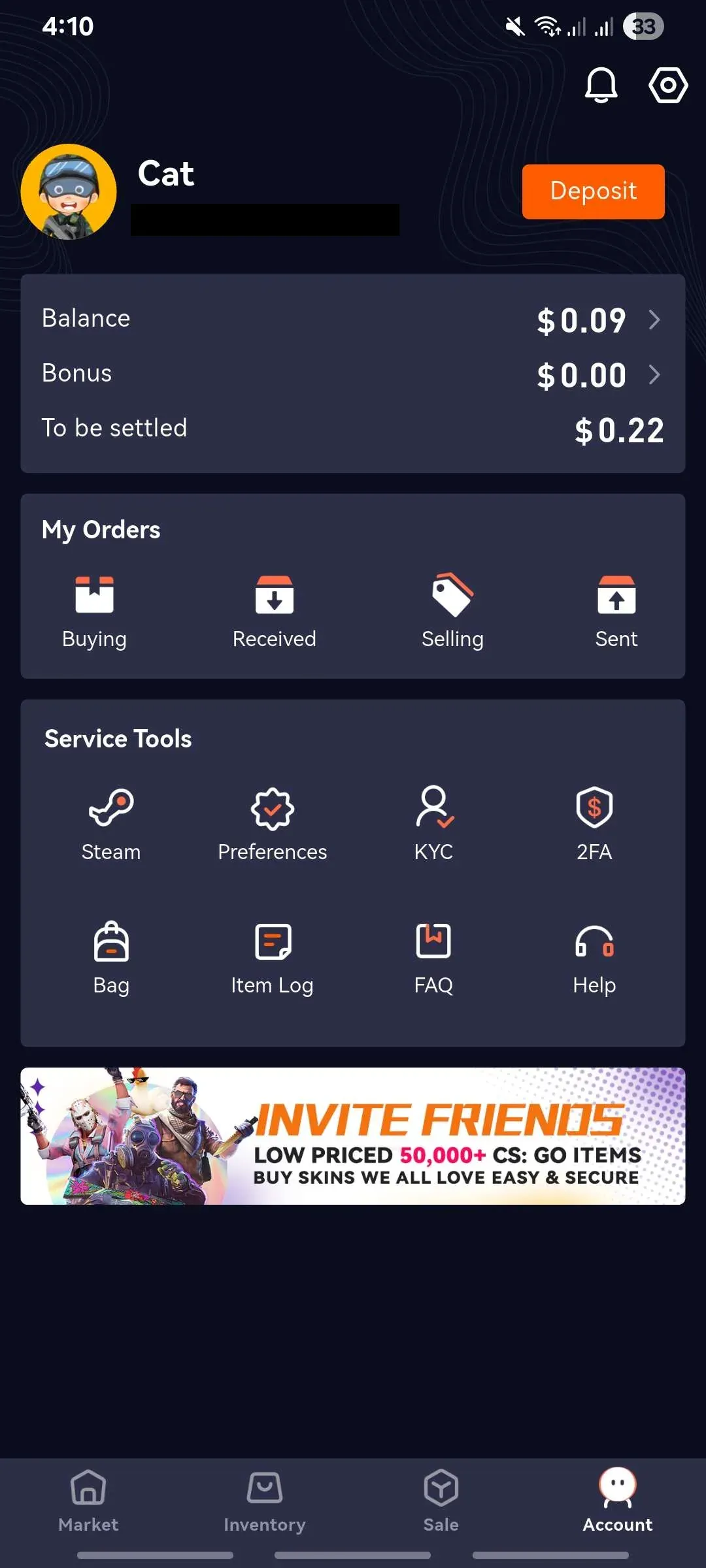 HaloSkins mobile app account screen showing balance, orders and service tools like KYC and 2FA