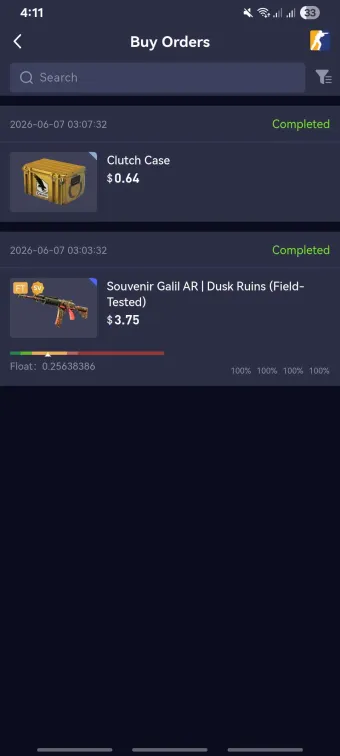 HaloSkins app buy orders showing the same two purchases later marked Completed