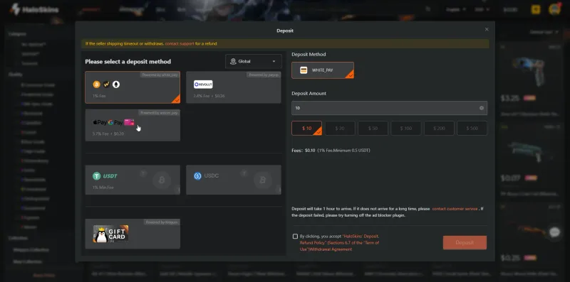 HaloSkins deposit modal showing WhitePay crypto, Revolut, Apple Pay, Google Pay, card and gift card options