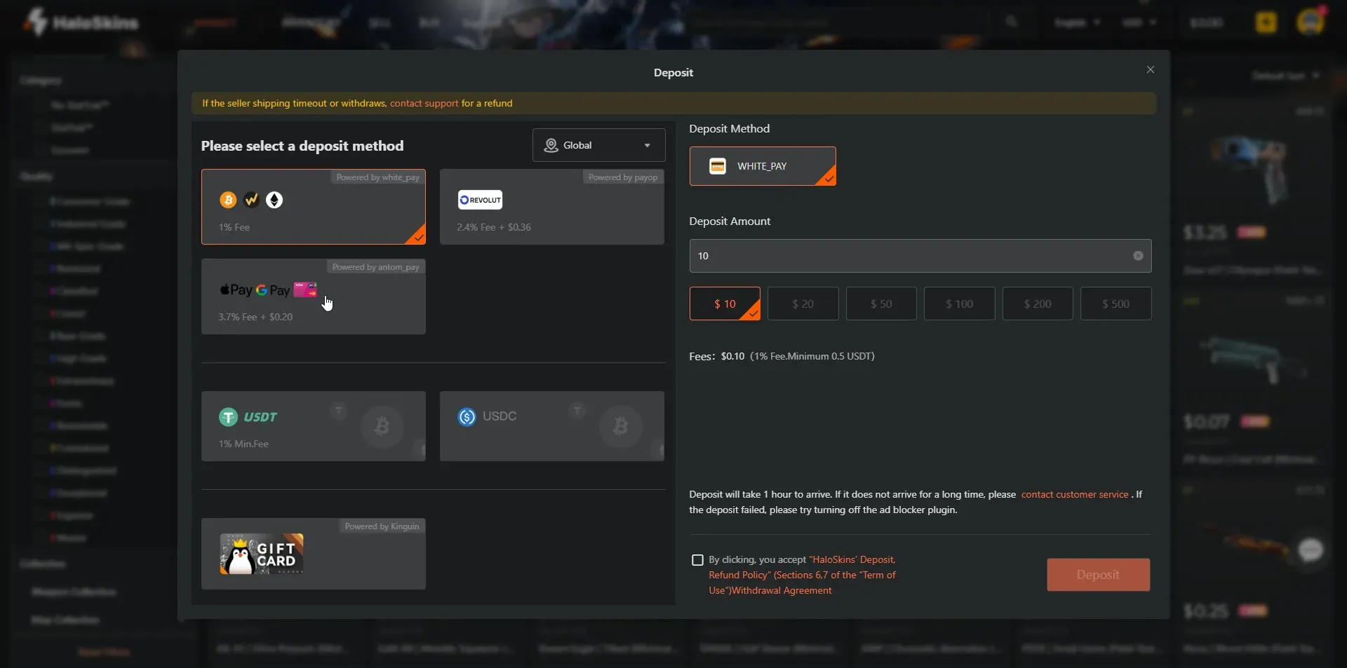 HaloSkins deposit modal showing WhitePay crypto, Revolut, Apple Pay, Google Pay, card and gift card options