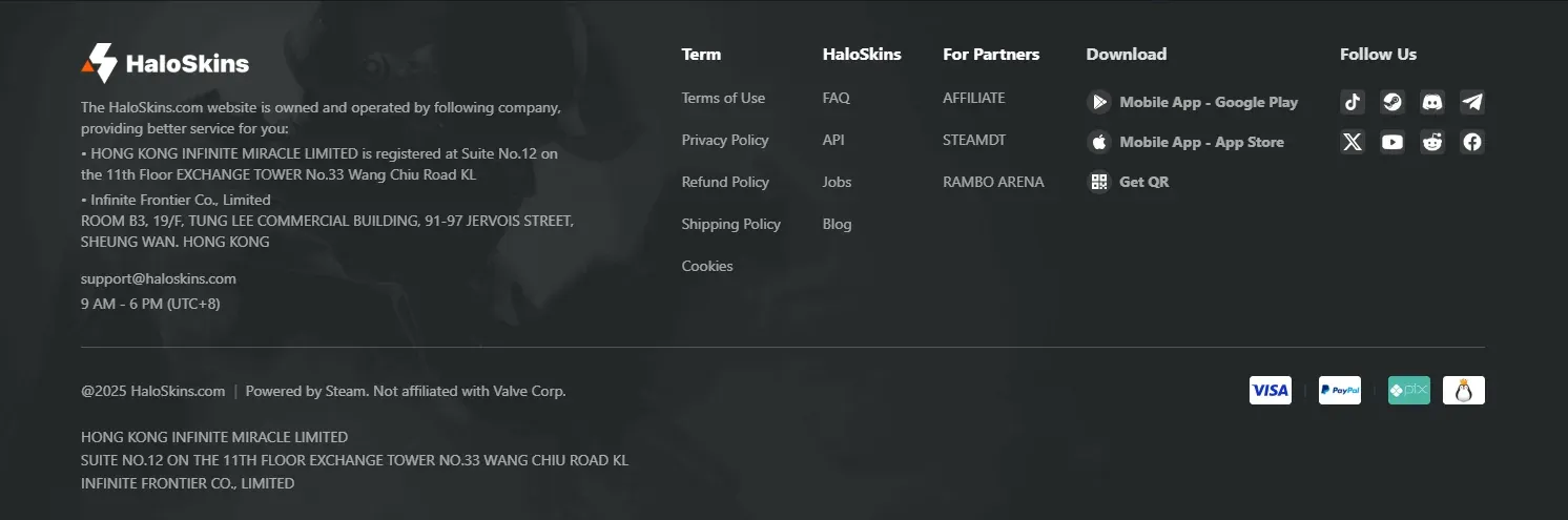 HaloSkins website footer listing Hong Kong Infinite Miracle Limited and Infinite Frontier Co., Limited