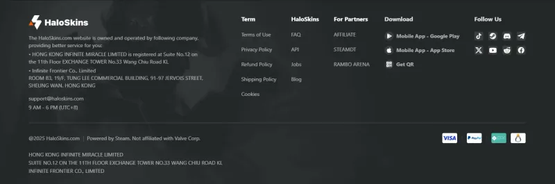 HaloSkins website footer listing Hong Kong Infinite Miracle Limited and Infinite Frontier Co., Limited