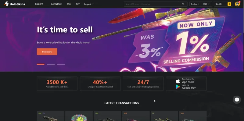 HaloSkins homepage showing 3.5 million plus skins, 40 percent cheaper than Steam, and 24/7 trading stats