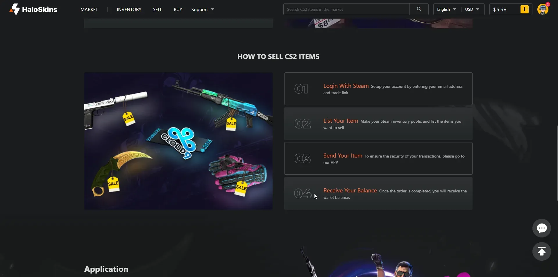 HaloSkins how to sell steps, including a note that delivering an item happens in the mobile app