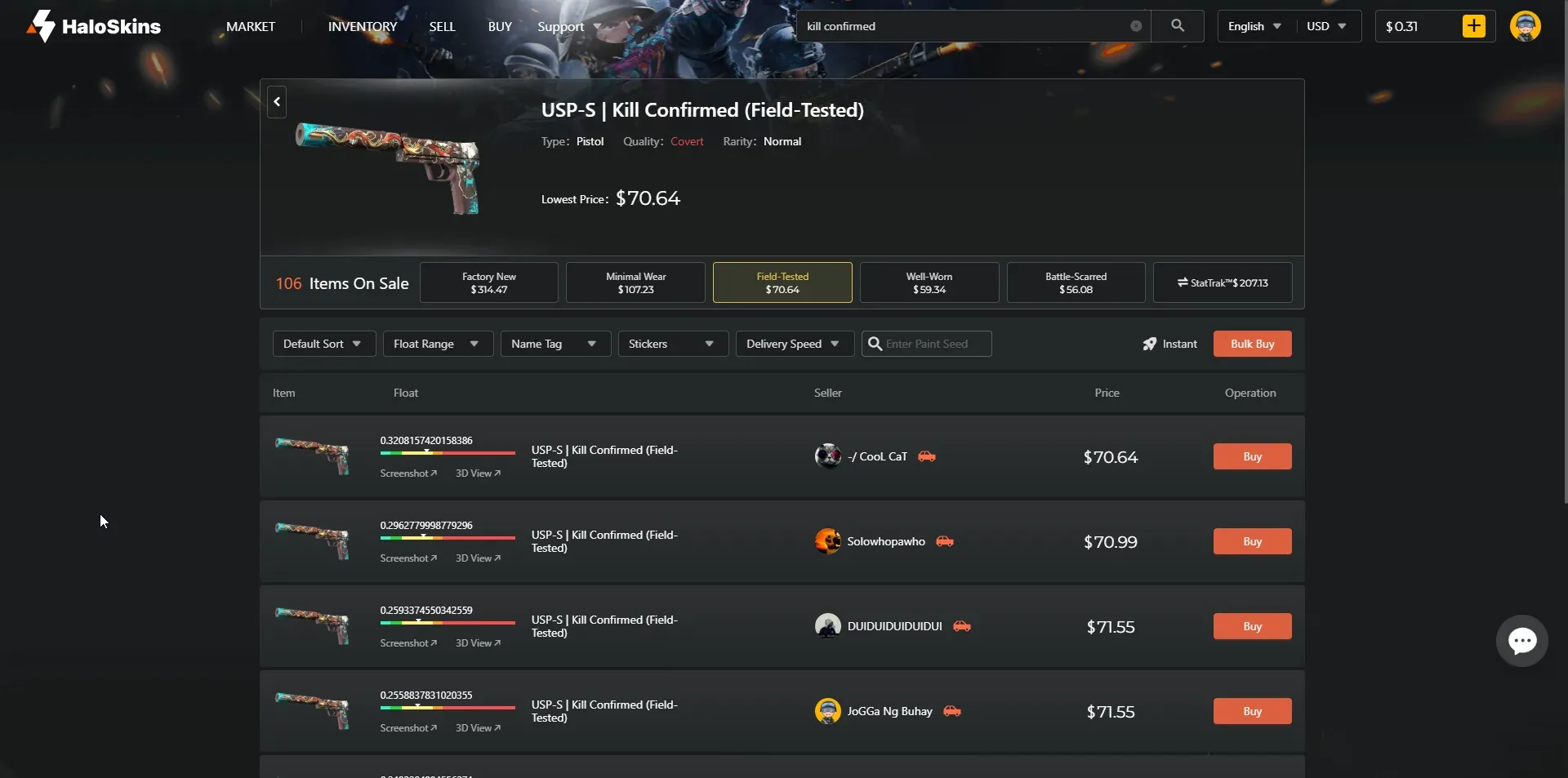 HaloSkins listings for a USP-S Kill Confirmed showing multiple individual player sellers and prices