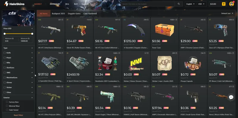 HaloSkins marketplace grid showing CS2 skins with prices well below the Steam Market