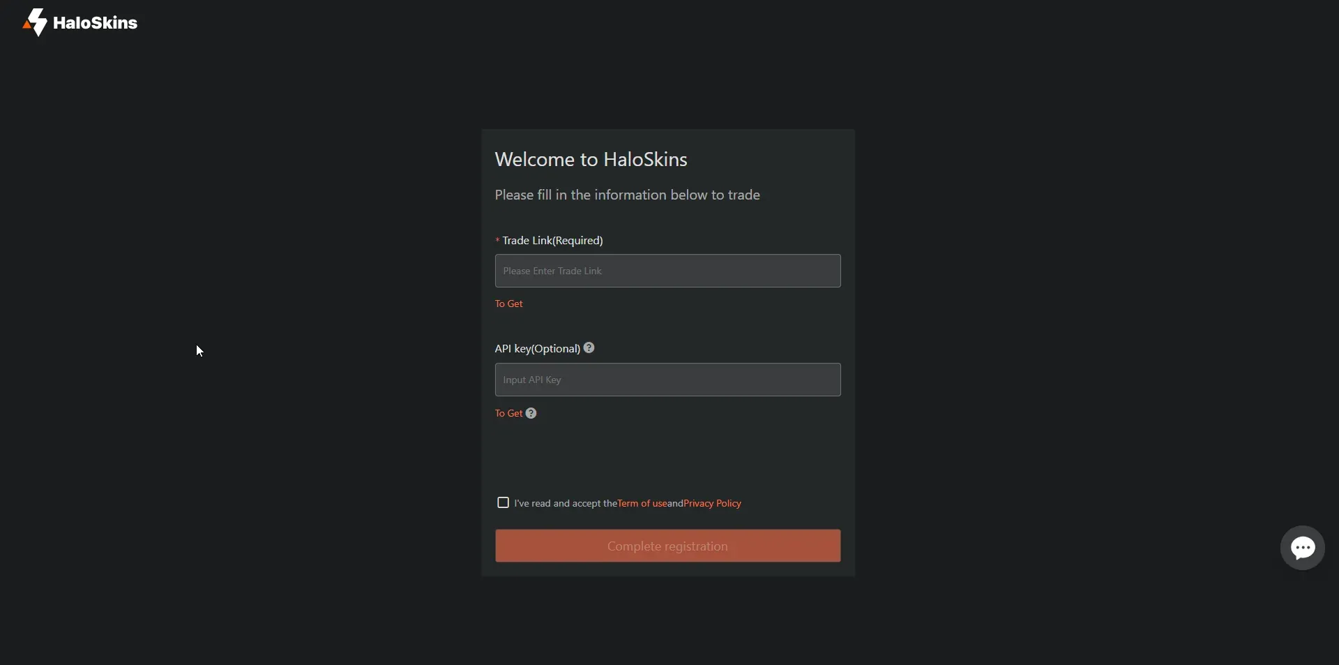 HaloSkins onboarding screen asking for a Steam trade link and an optional API key