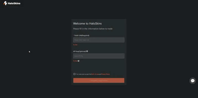 HaloSkins onboarding screen asking for a Steam trade link and an optional API key