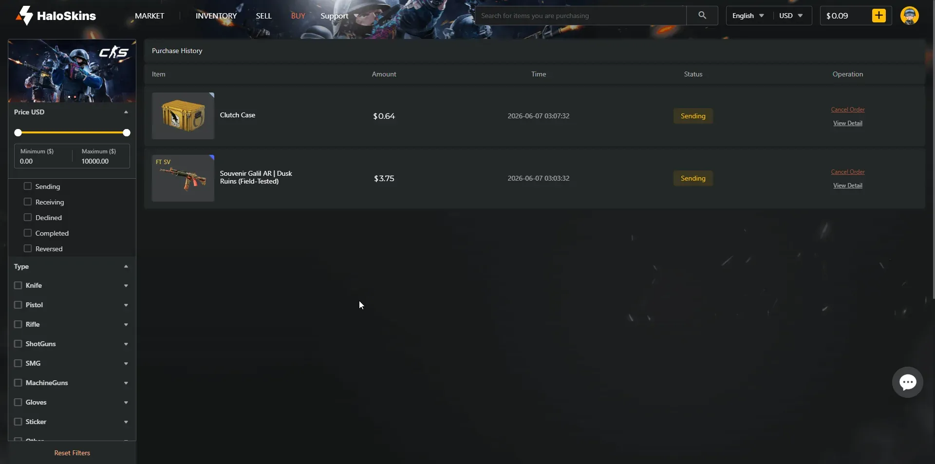 HaloSkins purchase history showing two buys with a Sending status