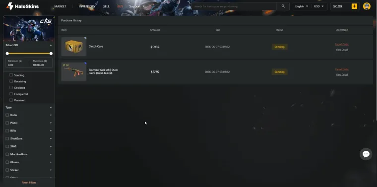 HaloSkins purchase history showing two buys with a Sending status