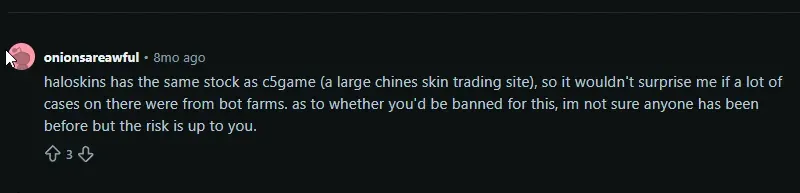 Reddit comment explaining HaloSkins shares stock with C5Game and cases likely come from bot farms