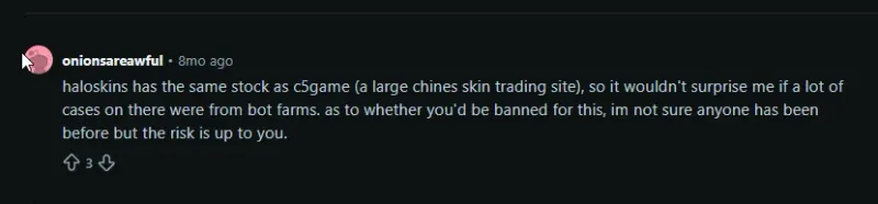 Reddit comment explaining HaloSkins shares stock with C5Game and cases likely come from bot farms