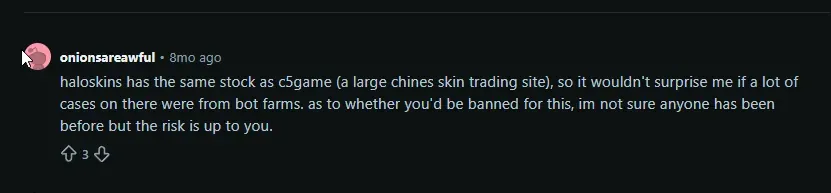 Reddit comment explaining HaloSkins shares stock with C5Game and cases likely come from bot farms