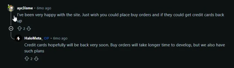 Reddit reply from the HaloSkins account saying credit cards and buy orders are planned