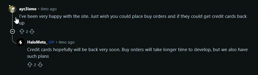 Reddit reply from the HaloSkins account saying credit cards and buy orders are planned