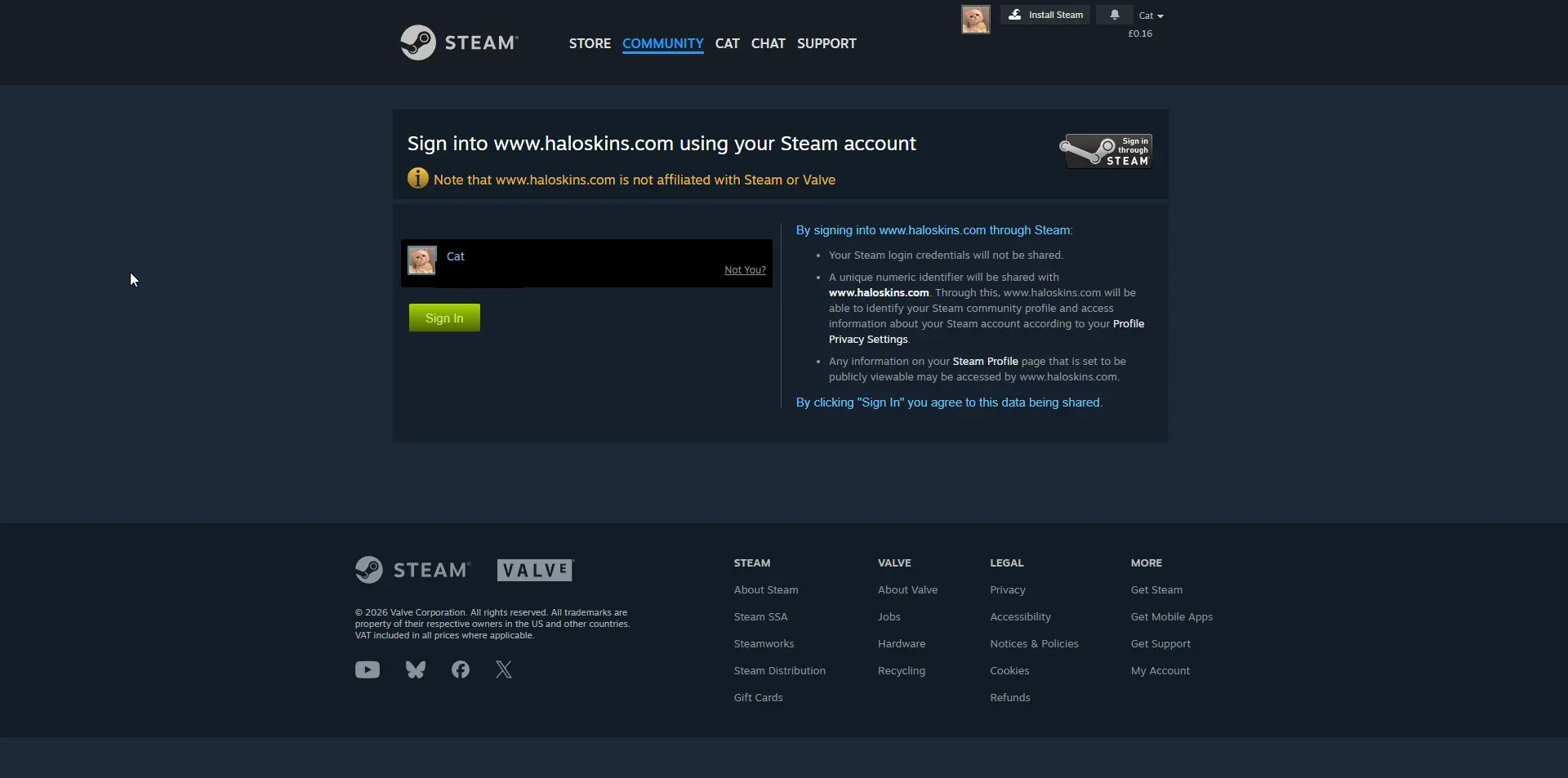 HaloSkins Steam sign-in page noting it is not affiliated with Steam or Valve