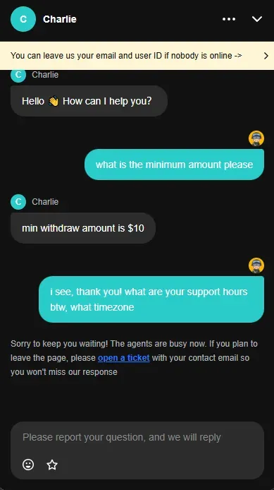 HaloSkins support chat with a bot answering that the minimum withdrawal is 10 dollars
