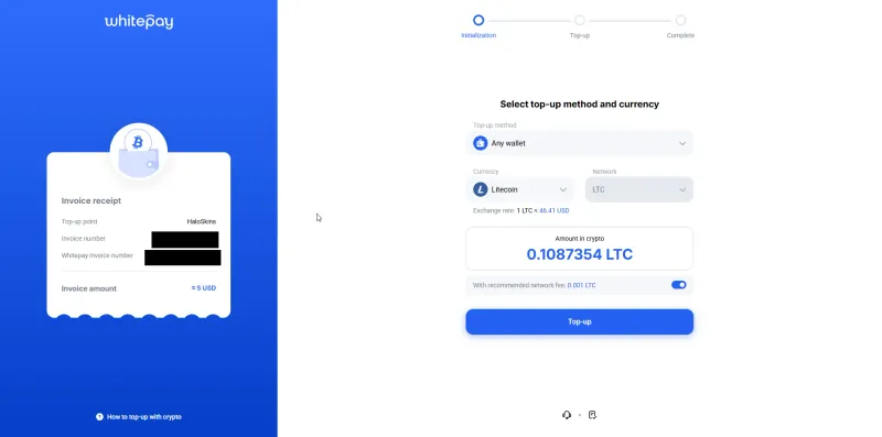HaloSkins WhitePay invoice for a Litecoin top-up of about 5 US dollars