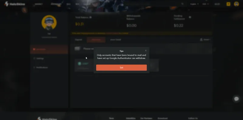 HaloSkins wallet showing a withdrawable balance and a tip that withdrawals need email and Google Authenticator
