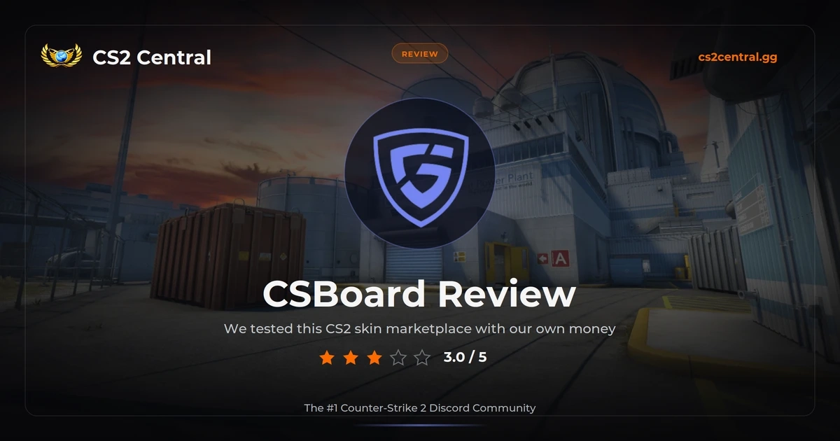 CSBoard shield logo over a CS2 map backdrop with a 3.0 out of 5 rating from CS2 Central