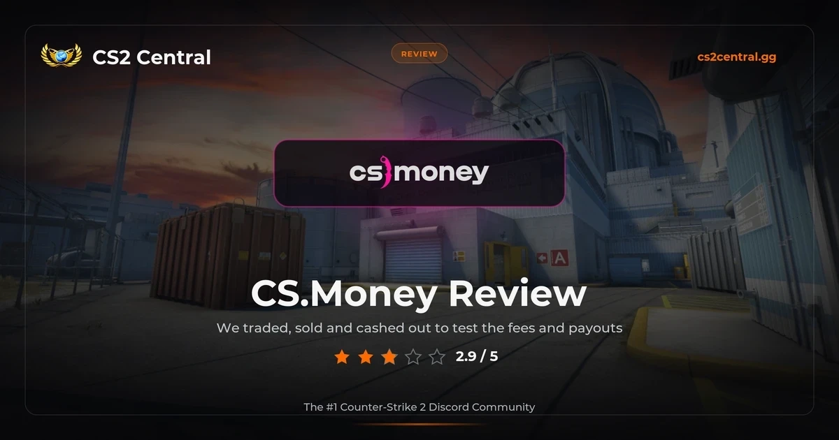 CS2 Central review card for CS.Money, its logo over a CS2 map, rated 2.9 out of 5