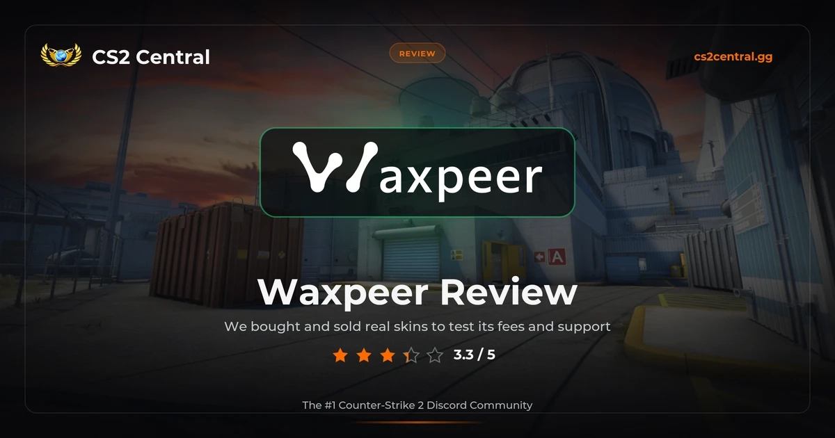 Waxpeer wordmark over a CS2 map backdrop with a 3.3 out of 5 rating from CS2 Central