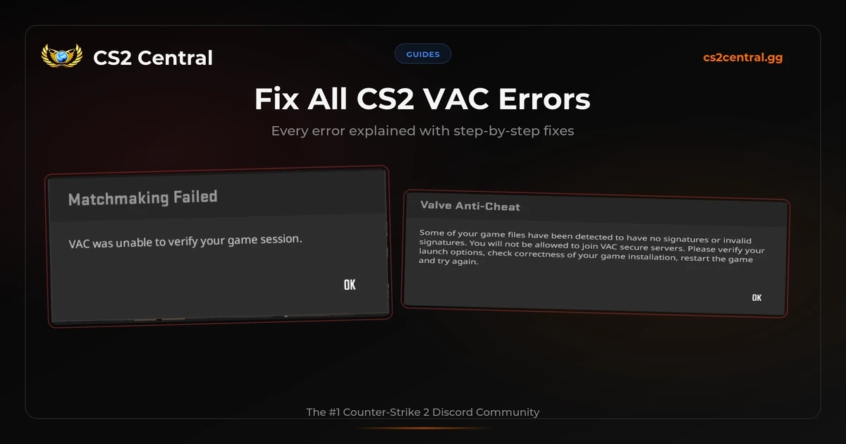 CS2 VAC error fix guide showing all Valve Anti-Cheat error messages and solutions for 2026