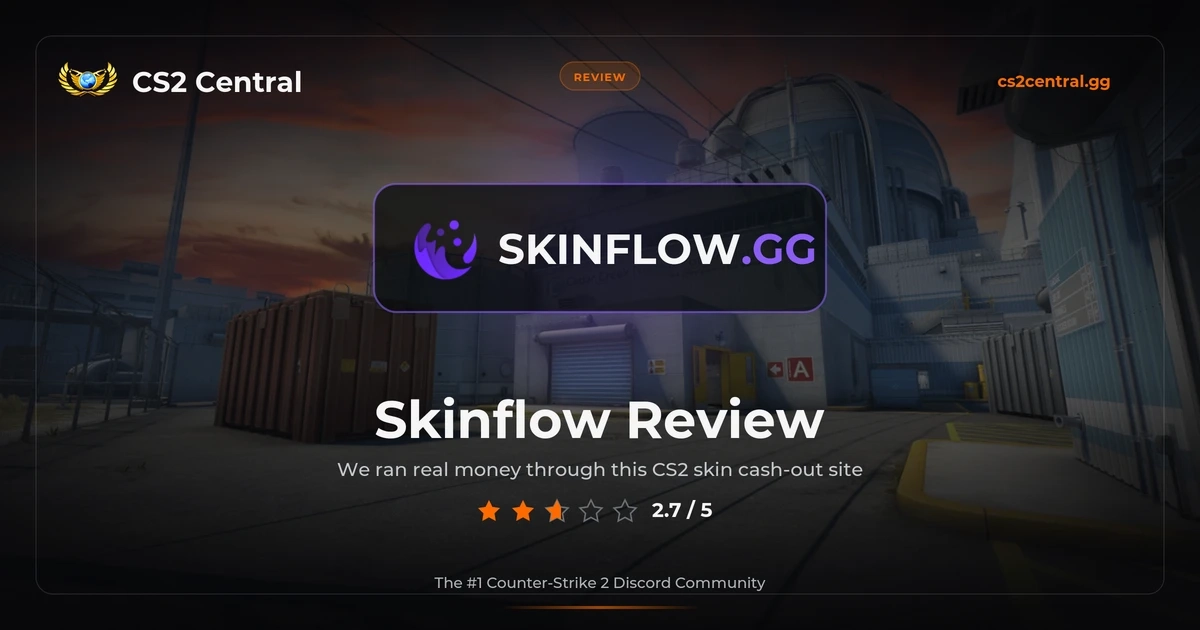 Skinflow Review 2026 hero image with the Skinflow logo and CS2 Central branding
