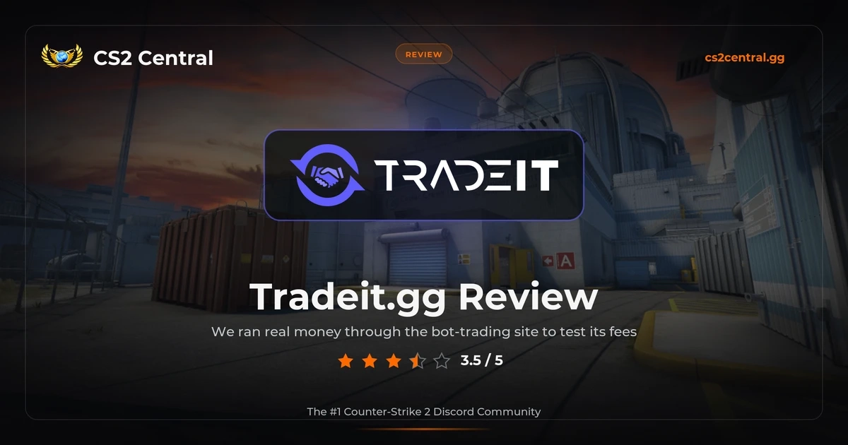 Tradeit.gg logo over a CS2 map with a CS2 Central 3.5 out of 5 review score