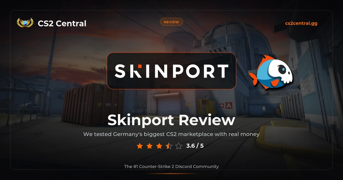 Skinport Review 2026 hero image with the Skinport logo and CS2 Central branding