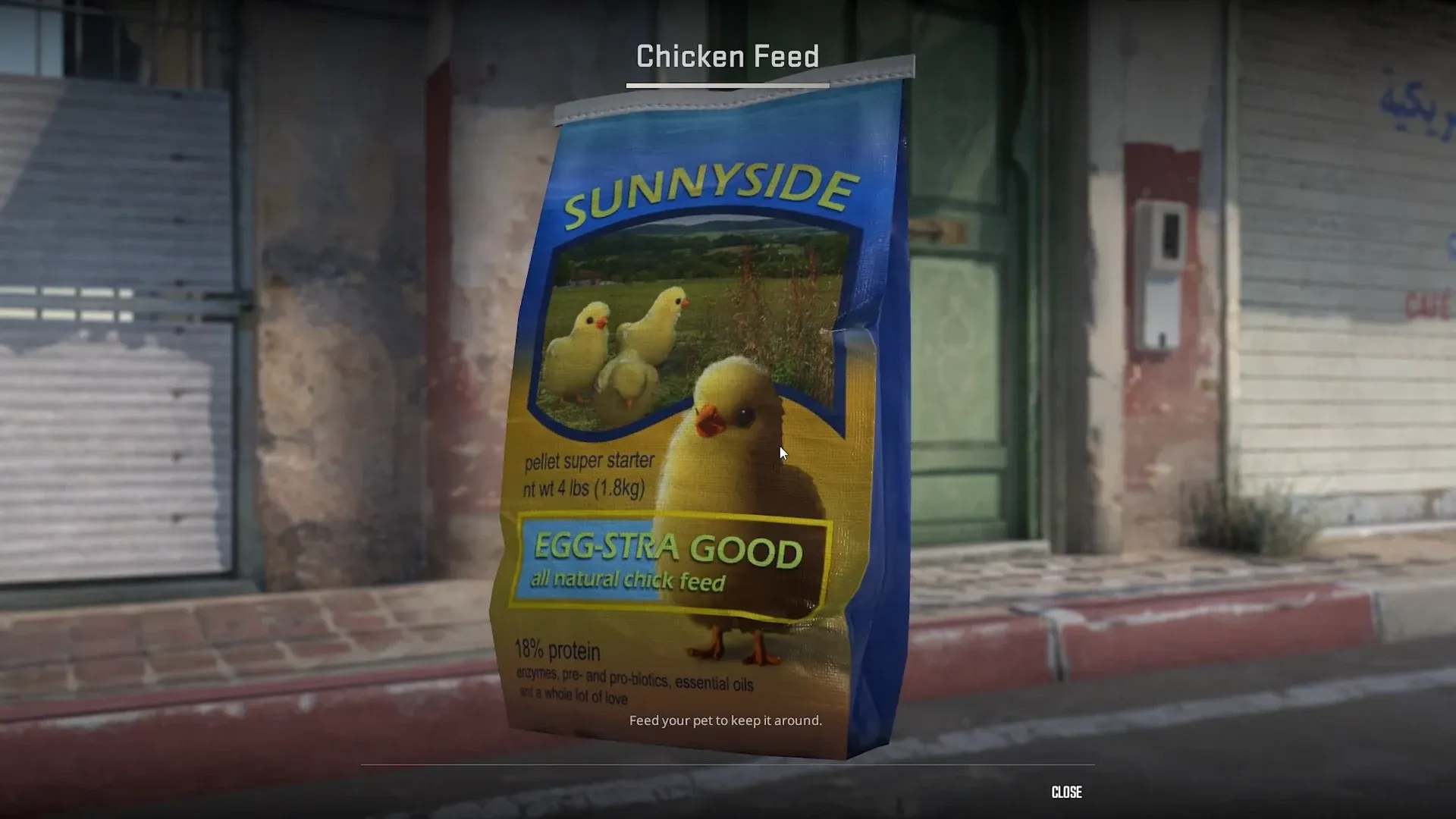 The Chicken Feed bag in the CS2 inspect view, a blue Sunnyside bag with a chick on the label