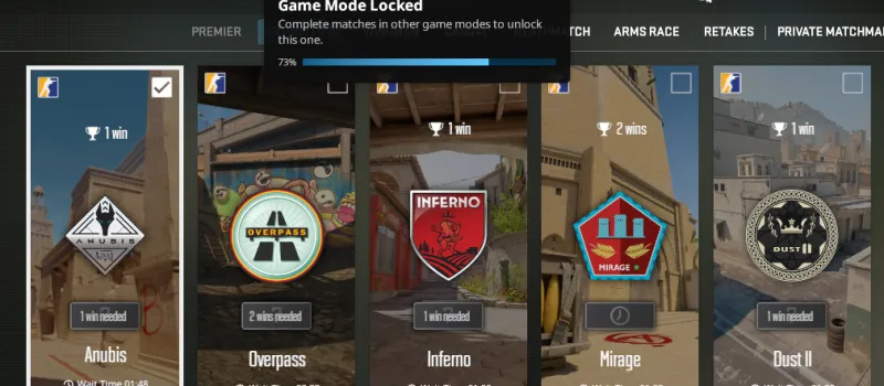 CS2 Premier game mode locked screen showing 73 percent progress toward unlocking