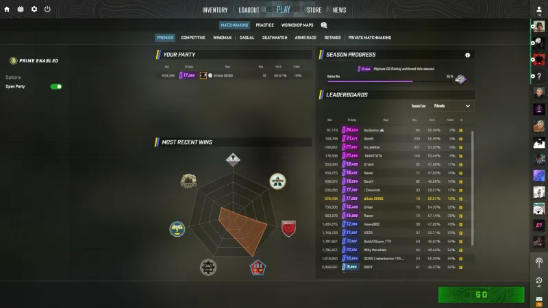 CS2 Premier lobby showing the leaderboard, season progress, and map stats