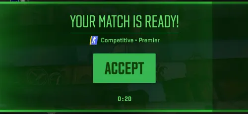 CS2 Premier Your Match is Ready accept screen with 20 second countdown timer