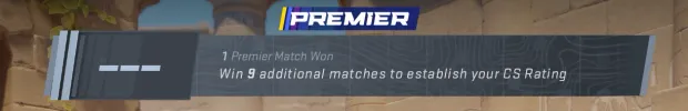 CS2 Premier placement progress bar showing 1 match won with 9 more wins needed to establish CS Rating