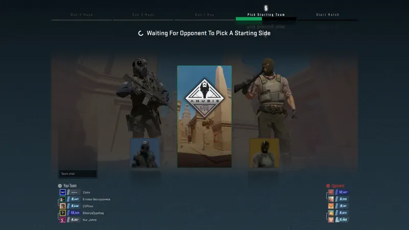 CS2 Premier side pick phase showing Anubis as the selected map with CT and T side selection