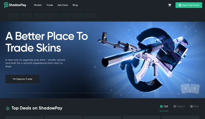 ShadowPay homepage showing the hero banner, navigation and Sign In Via Steam button