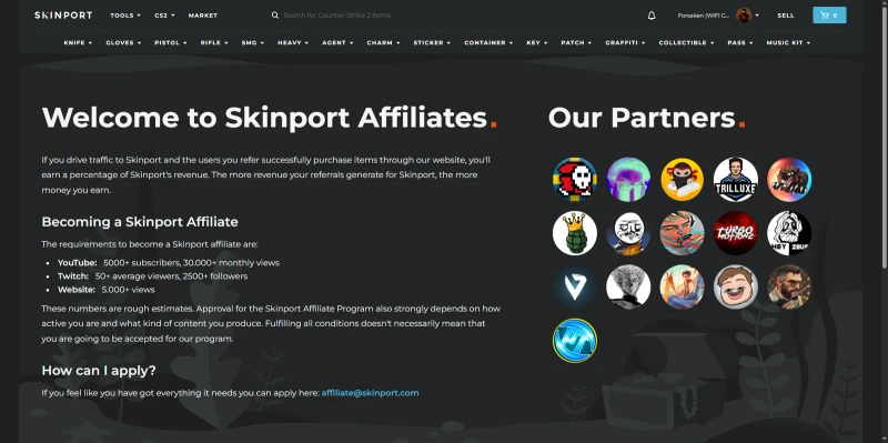 Skinport affiliates page listing the requirements to join and a row of partner creator logos