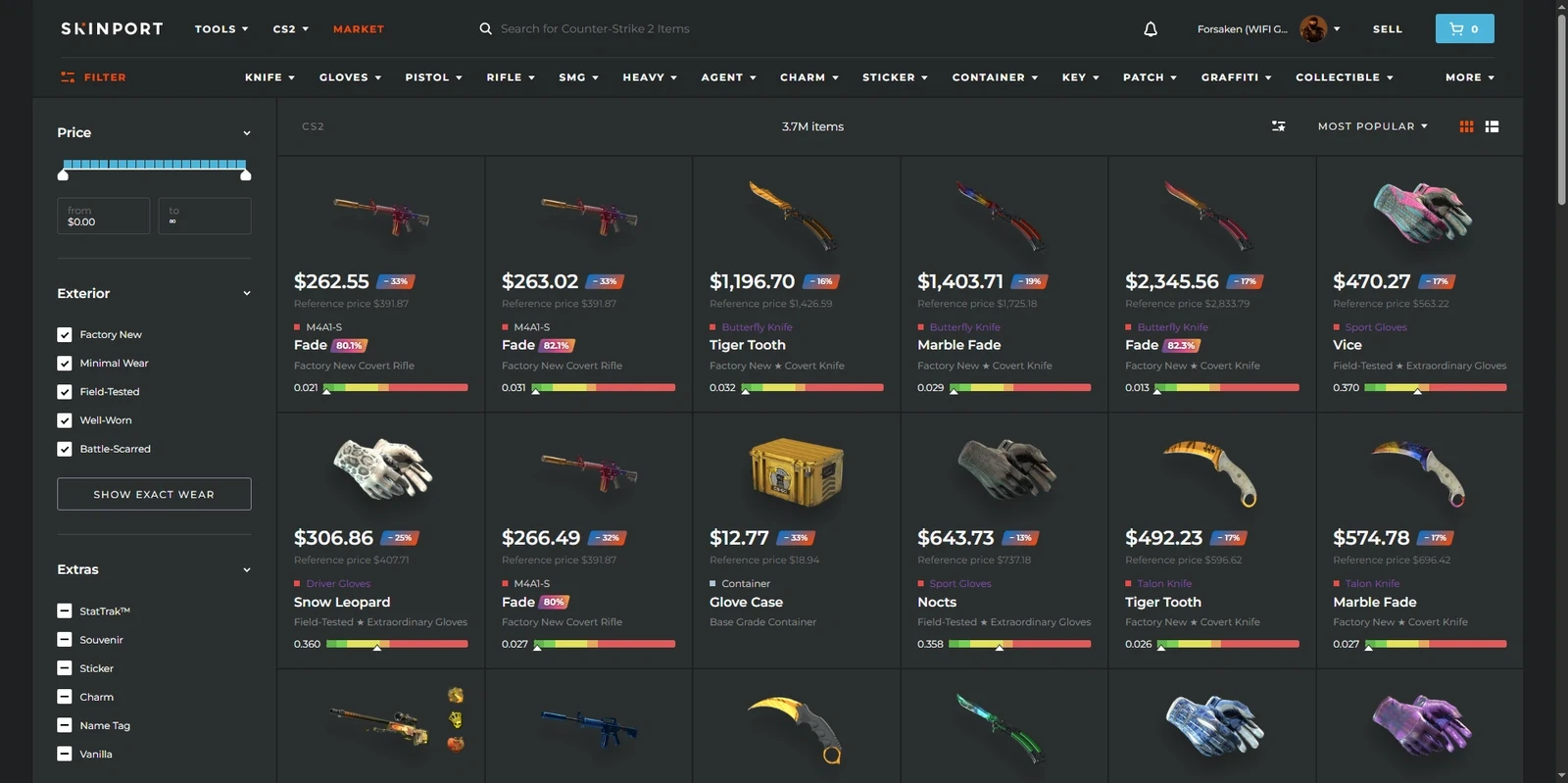 Skinport CS2 market showing 3.7 million items with price, discount percentage, float bars, and filters for price, exterior and StatTrak