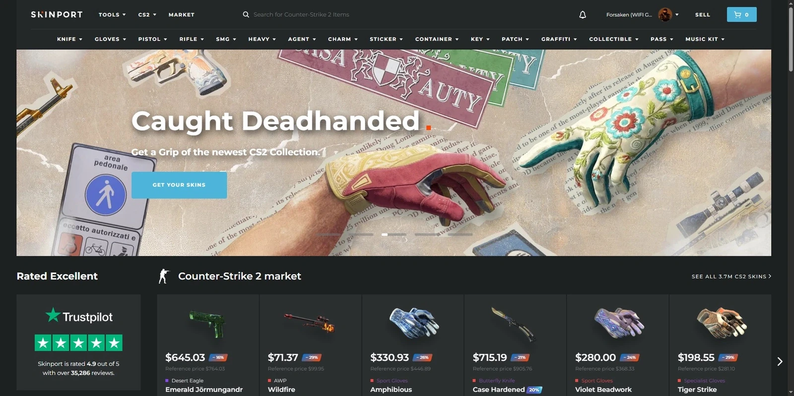 Skinport homepage showing the CS2 market, featured skins with discounts, and a Trustpilot Rated Excellent 4.9 out of 5 badge