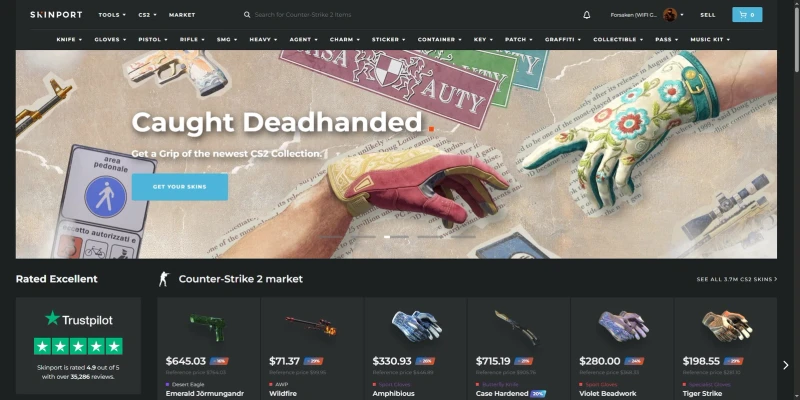 Skinport homepage showing the CS2 market, featured skins with discounts, and a Trustpilot Rated Excellent 4.9 out of 5 badge